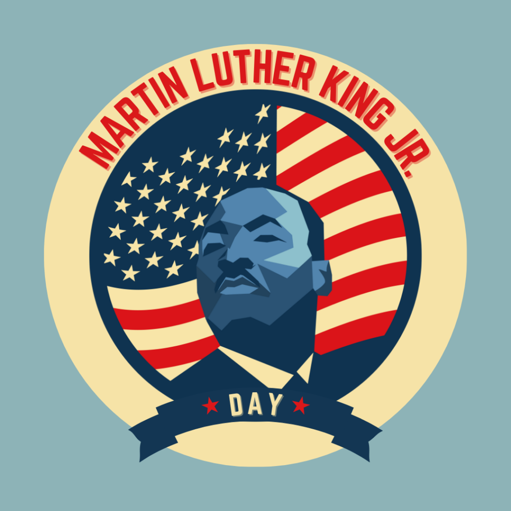 Martin Luther King Jr Day with drawing of MLK in front of American flag
