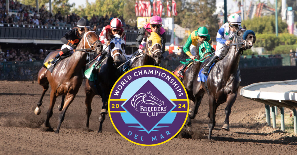 World Championships 2024 Breeders' cup Del Mar logo in diamond shape; Horses Racing in background