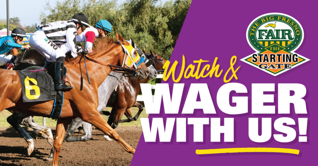 Watch & wager with us; Big Fresno Fair logo, Starting Gate logo; horses racing with jockeys; purple background