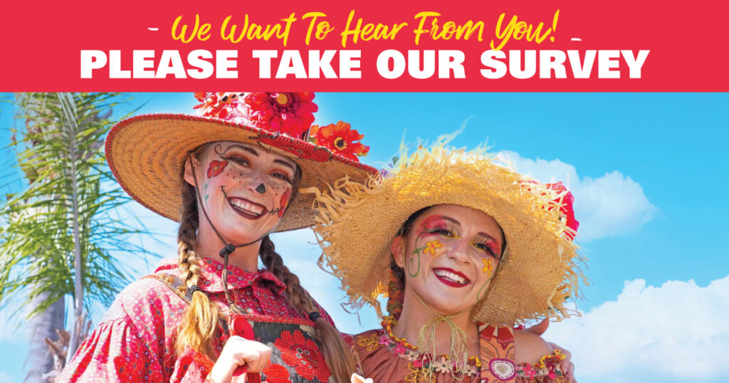 We want to hear from you! Take our survey; two, women farmer clowns